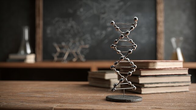 A metal DNA model sculpture sits on a wooden desk in a classroom with books and a chalkboard.