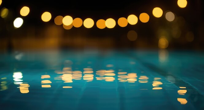 Blurred bokeh highlights on summer pool reflecting night lights with copyspace area