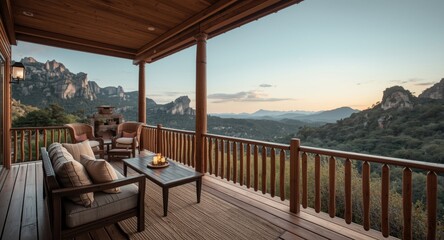 Fototapeta premium Inviting wood balcony with table couch and panoramic view of natural rocks