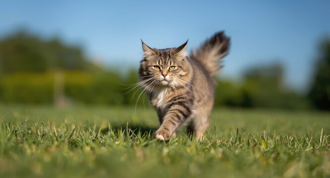 smiling cat pet in full length portrait frolicking on soft green grass lawn during summer