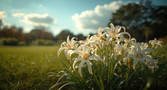 Outdoor park view with beach spider lily plants flowering