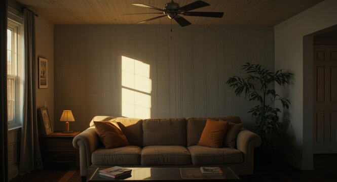 laid back living room scene with ceiling fan and snug sofa