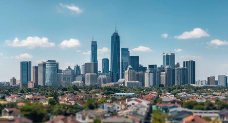 Obraz premium Geometric flat style city skyline with multiple skyscrapers and homes