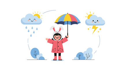 Little girl in a bunny raincoat holding a colorful umbrella surrounded by clouds with rain, sun, and lightning for weather education.
