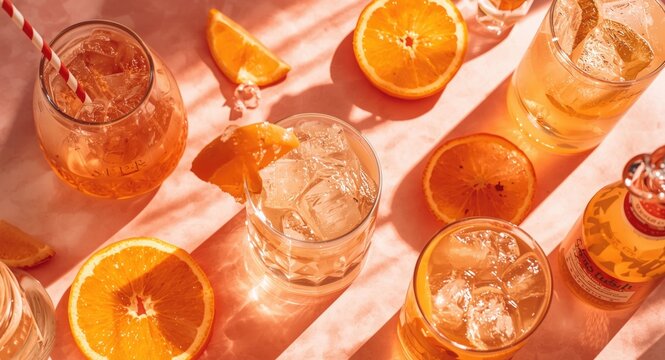 Summer-themed flat lay of citrus punch, seltzer, and mocktails styled with warm lighting and copy space