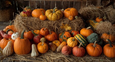 Colorful autumn pumpkins and vegetables set on hay in barn with copy space area