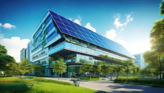 Modern Green Building with Solar Panels and Lush Landscape.