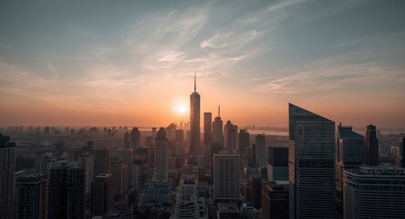 Fototapeta premium Sunrise perspective on urban development and open sky above