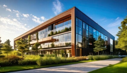 Obraz premium Modern Office Building Exterior with Glass Facade and Green Landscaping.