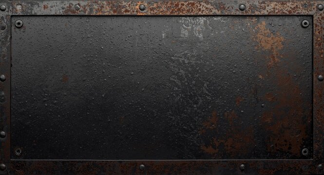 close up of textured dark steel sheet with riveted border and weathered iron post background with copy space