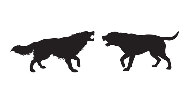 Dogs aggressive silhouette pair facing each other snarling and barking, black animal shapes isolated on white background, conflict concept for warning sign design