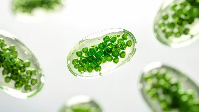Microscopic bright green plant cells clustered inside clear ovoid capsules. 3D animation of floating botanical structures