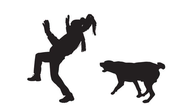 Dog attacking person silhouette with aggressive bite scene, woman falling backward in fear, isolated black shapes on white background for warning, danger and safety concept