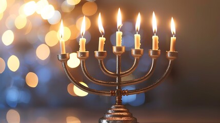 Fototapeta premium Illuminated Hanukkah menorah with burning candles, festive celebration