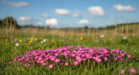 Obraz premium Pink bellis perennis flowers growing vigorously on a healthy green grass lawn with a meadow backdrop