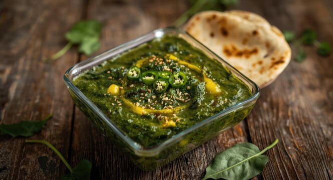 Traditional Indian Sarson ka Saag with Bathua and Spinach Served in Clear Dish