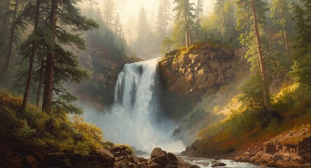 A scenic painting of a roaring waterfall descending amidst verdant tall trees and rocky terrain