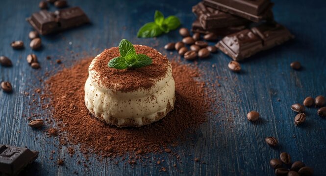 Tiramisu with fresh mint leaves dusted with cocoa powder on a navy wooden table with coffee beans and dark chocolate copy space
