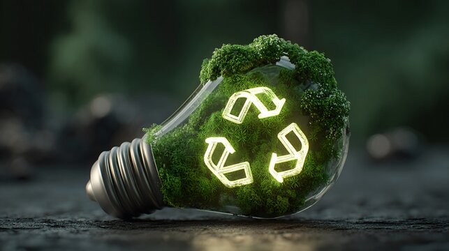 Green recycle symbol inside a light bulb showcasing sustainable product pitch and eco-friendly concepts