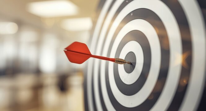 Precision in corporate success metrics visualized with dart landing on target bullseye