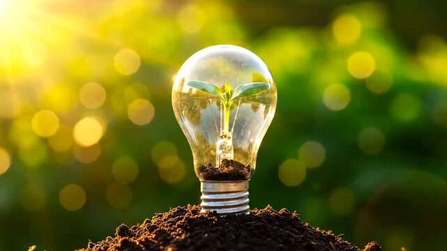 Eco-friendly light bulb with a plant inside, representing green energy.