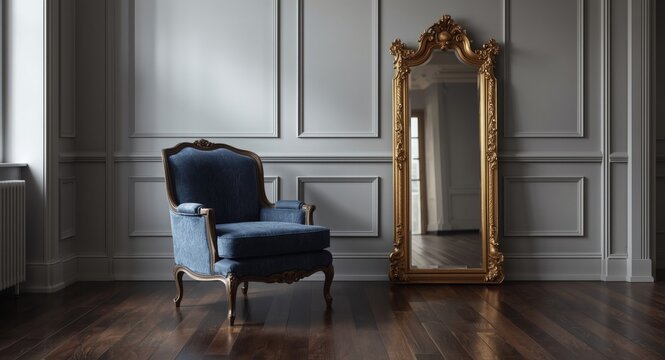 Sophisticated monochrome room showcasing a vintage blue armchair and tall mirror