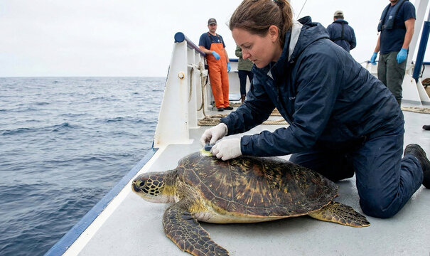 Marine biologist attaching a tracking device to a sea turtle for wildlife research