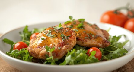 Honey mustard chicken thighs paired with fresh herbs and cherry tomatoes served atop crisp greens