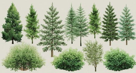 Fototapeta premium Decorative botanical illustration with watercolors showing coniferous trees and green shrubs
