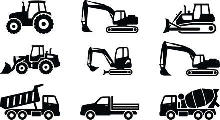 Construction vehicles silhouette set including excavator, bulldozer, tractor, dump truck and cement mixer isolated on white background for heavy equipment industry concept © parves's world