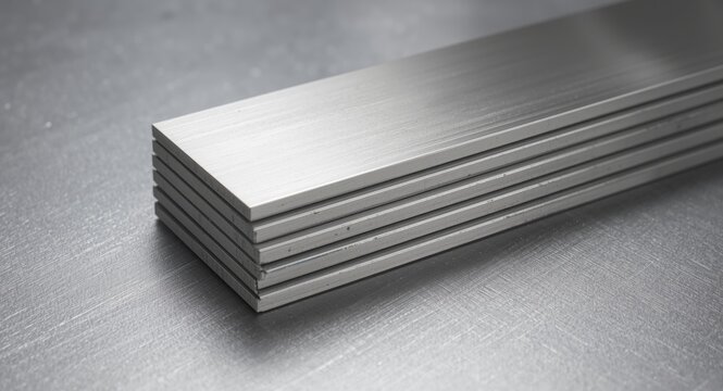 Stack of flat stainless steel bars arranged in a textured metallic background
