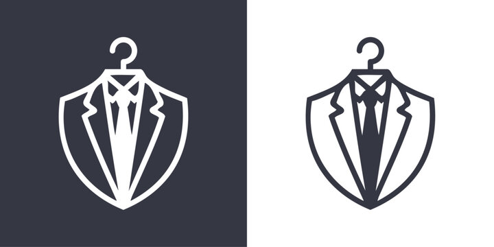 Logo sastrer&iacute;a de ropa de caballero. Dibujo con l&iacute;neas de una percha con una chaqueta con camisa y corbata