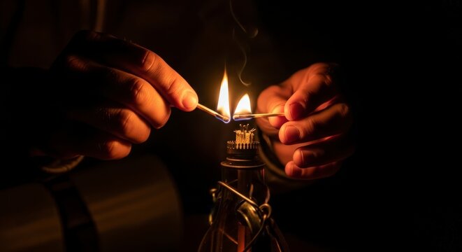 Hands Lighting Cigarette Lighter in Dark.