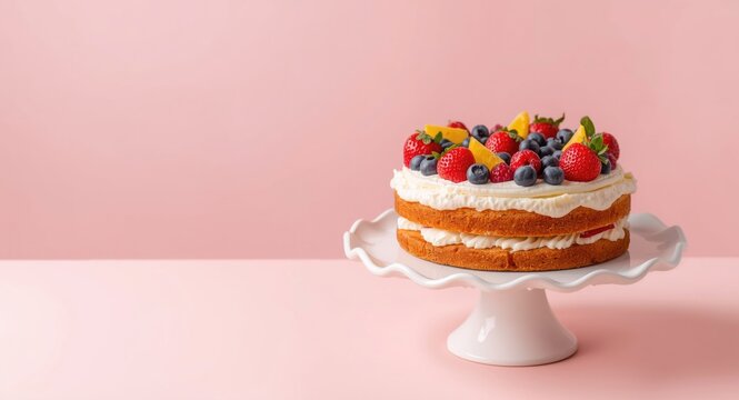 Sweet fruit embellished cake on a ceramic plate with pale pink background suited for copy space