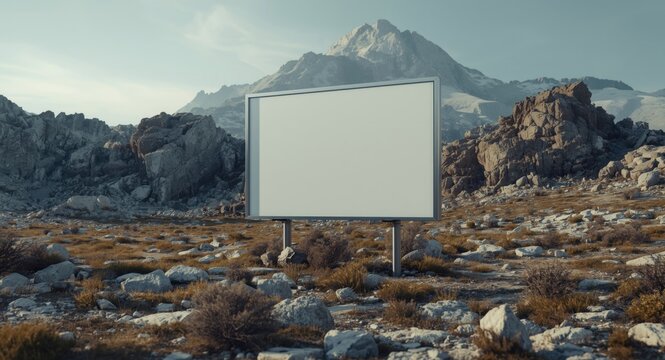 Minimalist blank vertical billboard mockup in rocky natural environment for media showcase