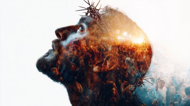 Jesus christ profile with crown of thorns and double exposure showing crowd people representing of burden