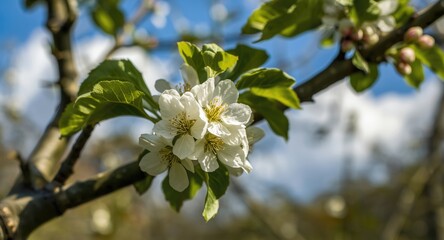 Close up of delicate white blossoms blooming on an apple tree in spring