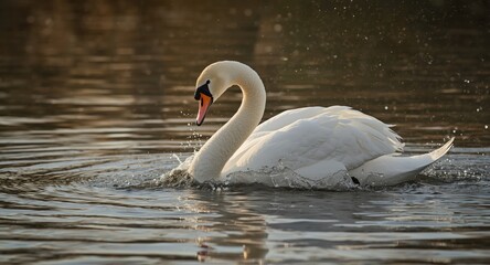 Naklejka premium Mute swan vigorously splashing water during warm daylight