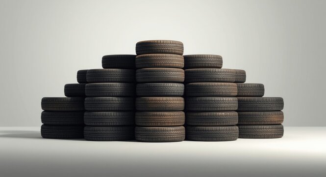 Old car tires arranged in single pile on clean white background
