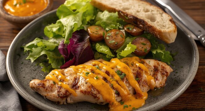 Grilled chicken breast presented with a lambs lettuce salad and baguette served with spicy Dijon mustard