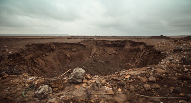 Large soil depression after powerful shell impact