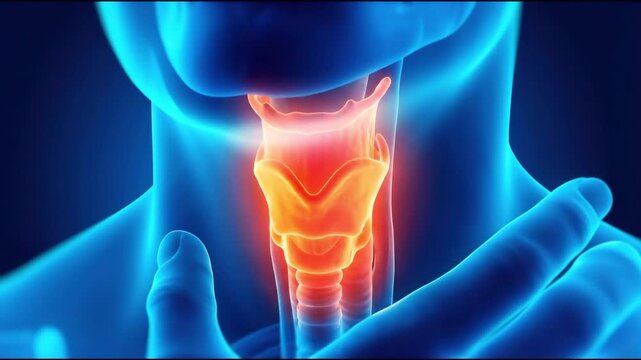 3d anatomical illustration of the human larynx and throat structure, highlighted in blue and orange, suitable for medical education, healthcare promotion, scientific research, and anatomical study.