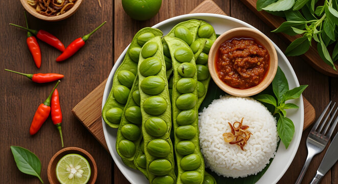 Fresh Stink Beans (Petai) Served with Steamed Rice, Spicy Sambal, and Chili on Wooden Table