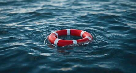 Naklejka premium A white and red life preserver floating on ocean waves with gentle bobbing motion