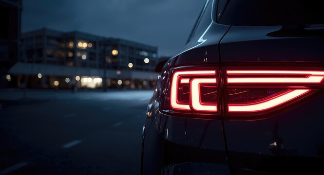 Modern vehicle tail light with sleek LED bars shining in a radiant atmosphere