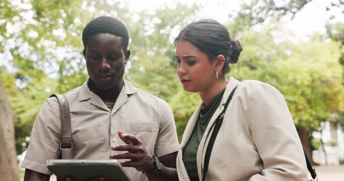 Business, people and travel with tablet outdoor for research, proofreading and editor feedback. Team, reading and digital for morning commute, editing article and story submission of draft update