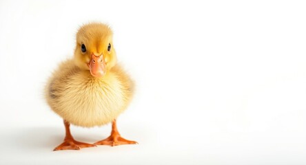 Obraz premium Close up of a curious baby duckling posed on a clean even toned background and copy space