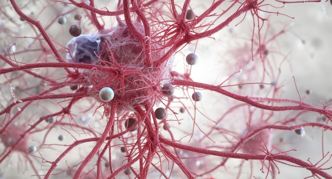 Fibroblast cytoskeleton featuring microfilaments alongside mitochondria and nuclei