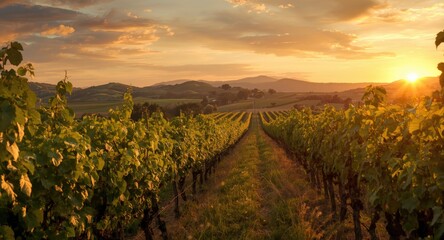Fototapeta premium majestic vineyard setting at golden sunset