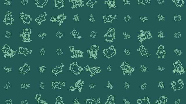 Doodle animal seamless pattern cartoon cute wildlife characters perfect for children's designs, fabric prints, backgrounds, or playful branding.